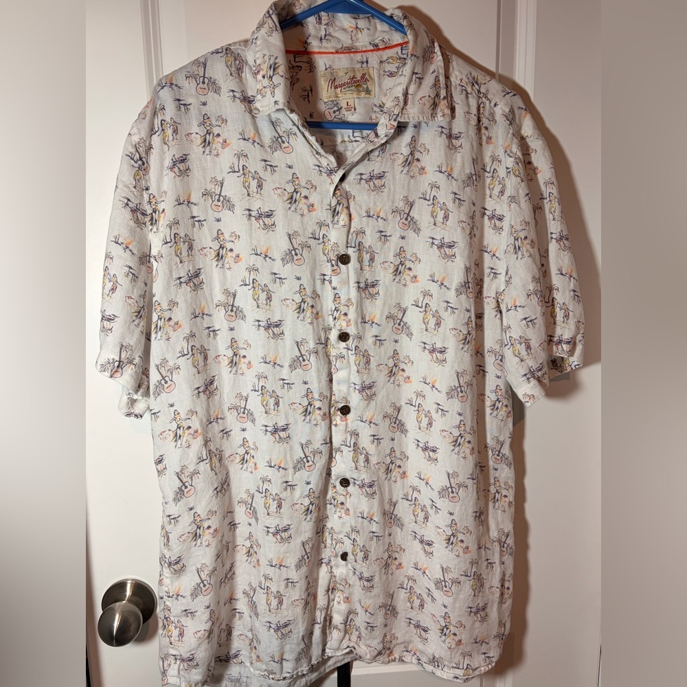 Margaritaville Hawaiian Girl Guitar Collared Vacation Shirt- Large